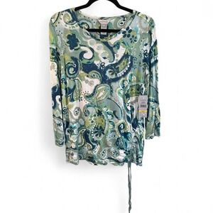 Multiples multicolor paisley print top blouse drawstring front tie waist size M